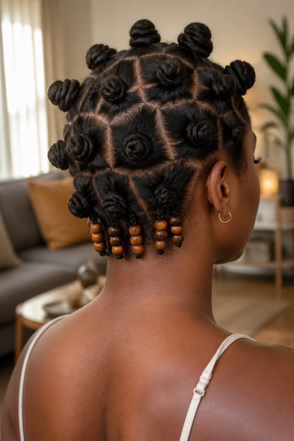 Back view close-up of a real woman with beads on the back knots