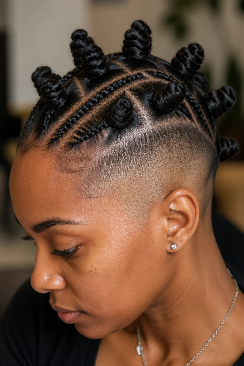 Close-up of braided-base knots with a bald fade on a real person