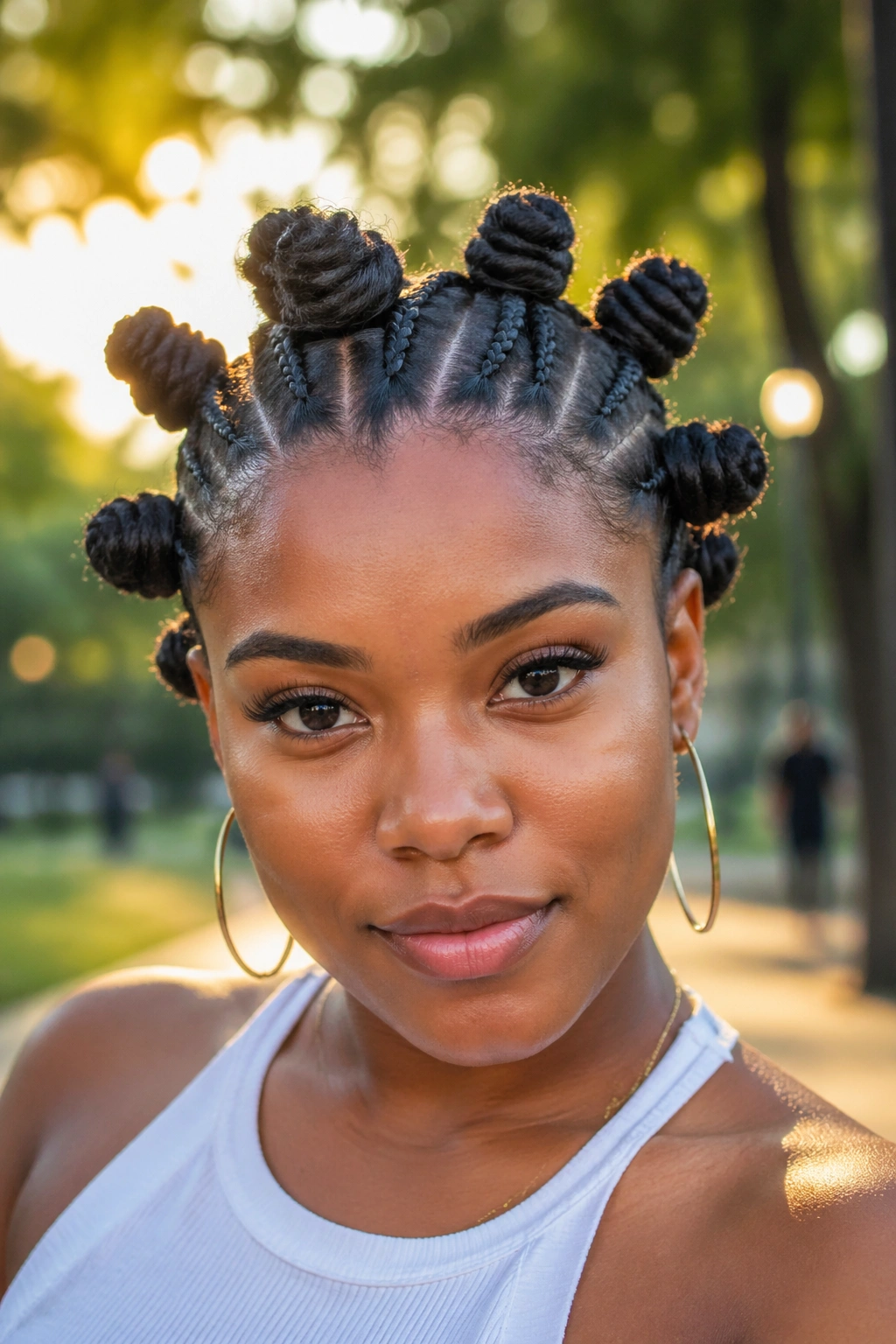 Real woman wearing medium Bantu knots with braided roots in a park setting.