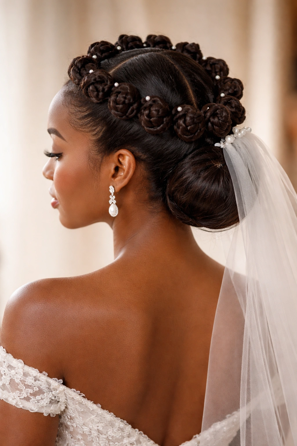 Close-up of crown halo bantu knots with low bridal bun showing circular knot crown and smooth back bun