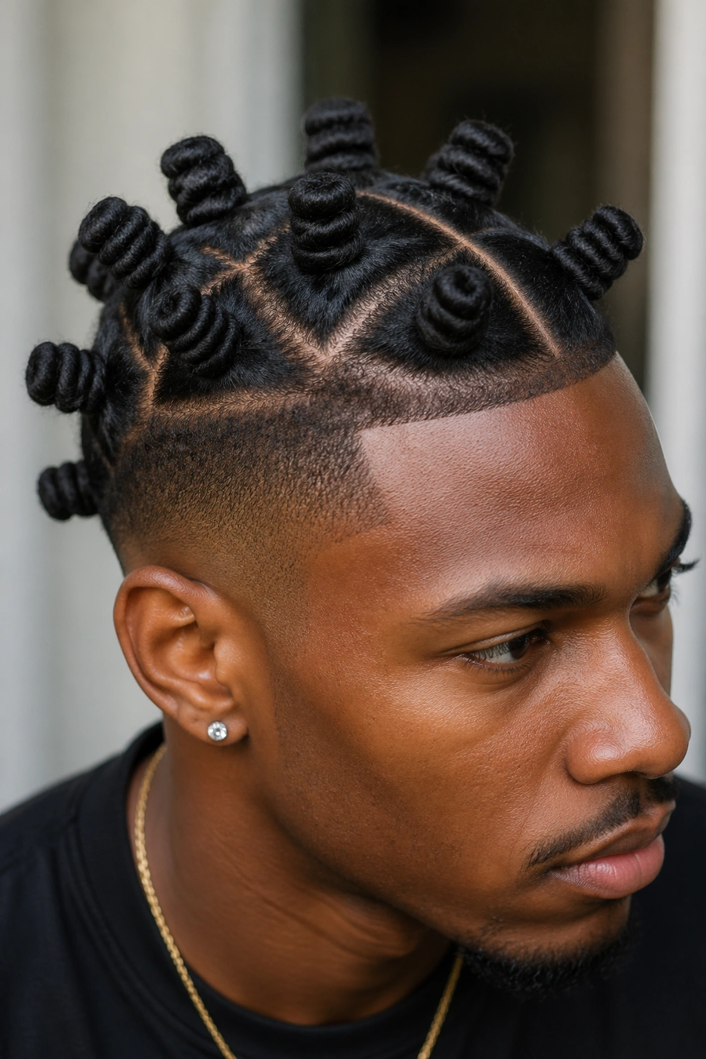 Close-up portrait of a real person with Classic Bantu Knots With Shaved Sides and a Crisp Center Part