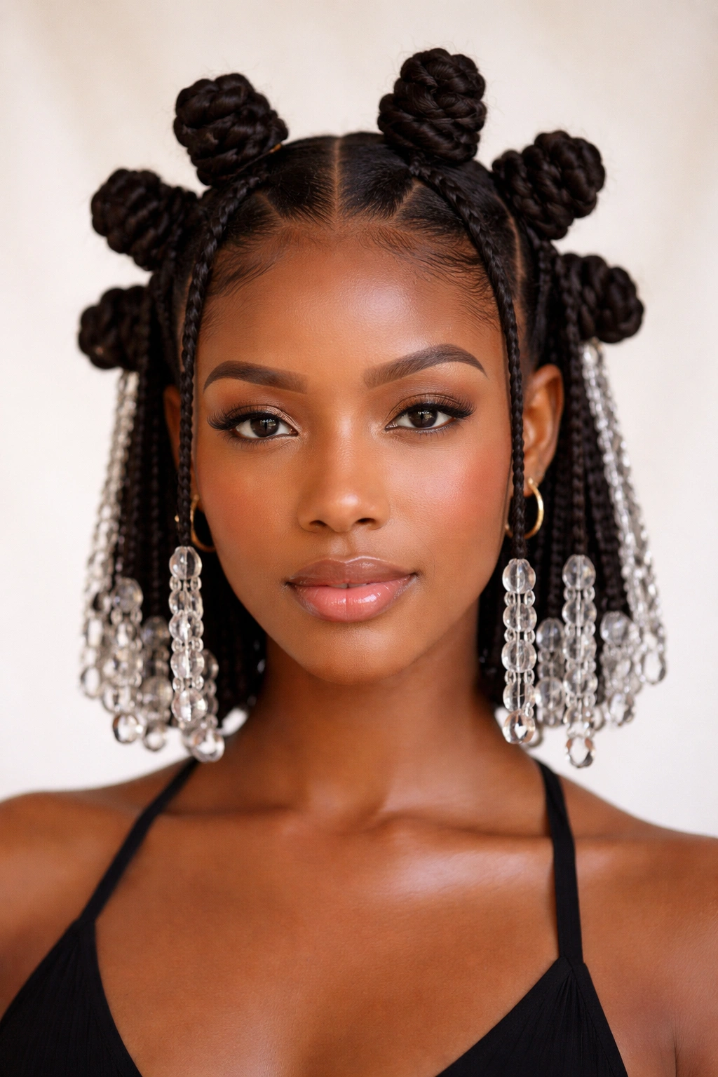 Close-up of a bob-cut hairstyle with symmetrical center-parted Bantu knots and clear beads