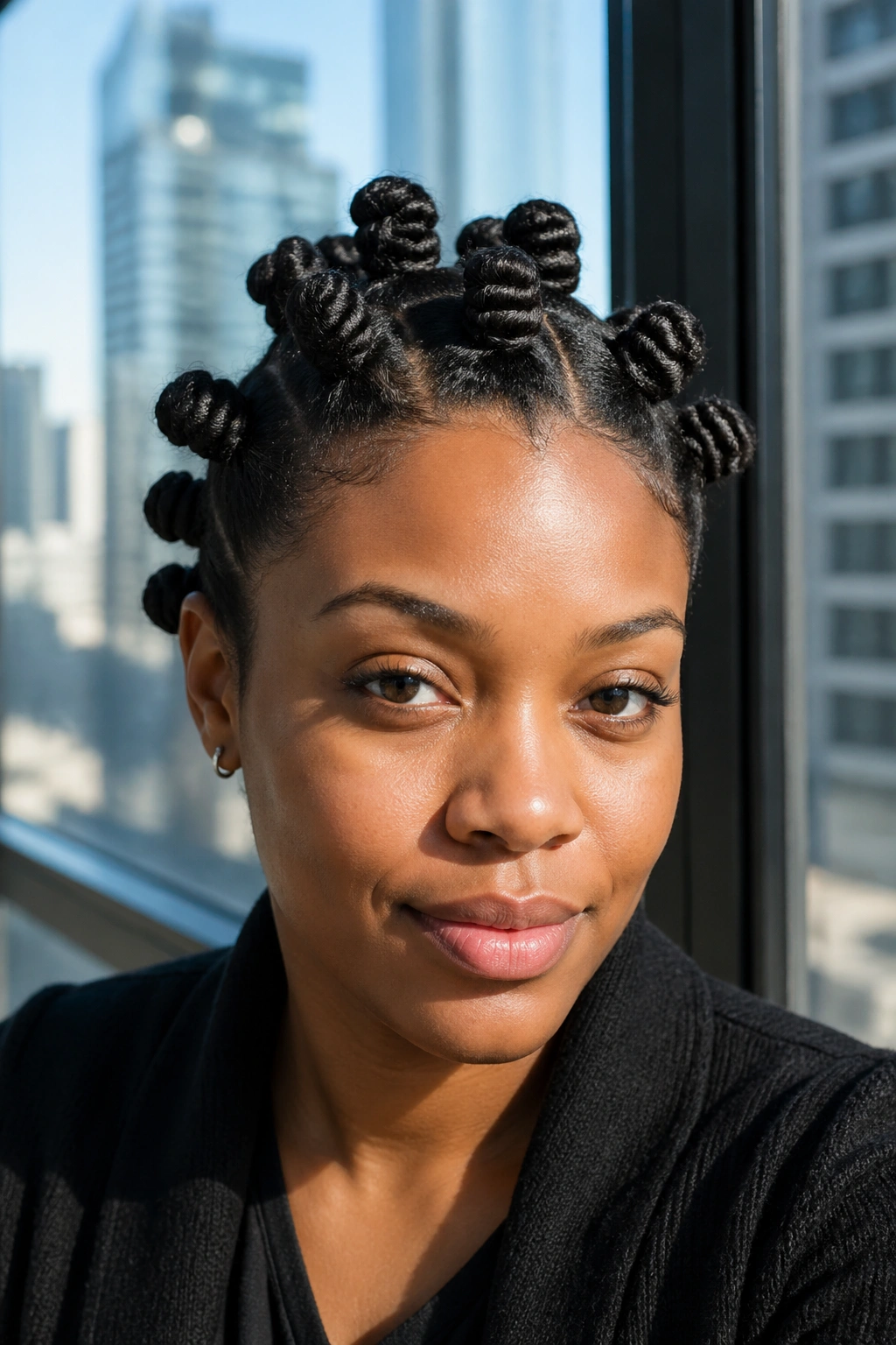 Real woman with clean hairline and neat knot styling at the front