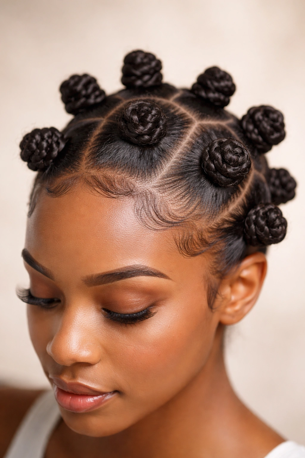 Front view of multiple neat Bantu knots on coily afro hair