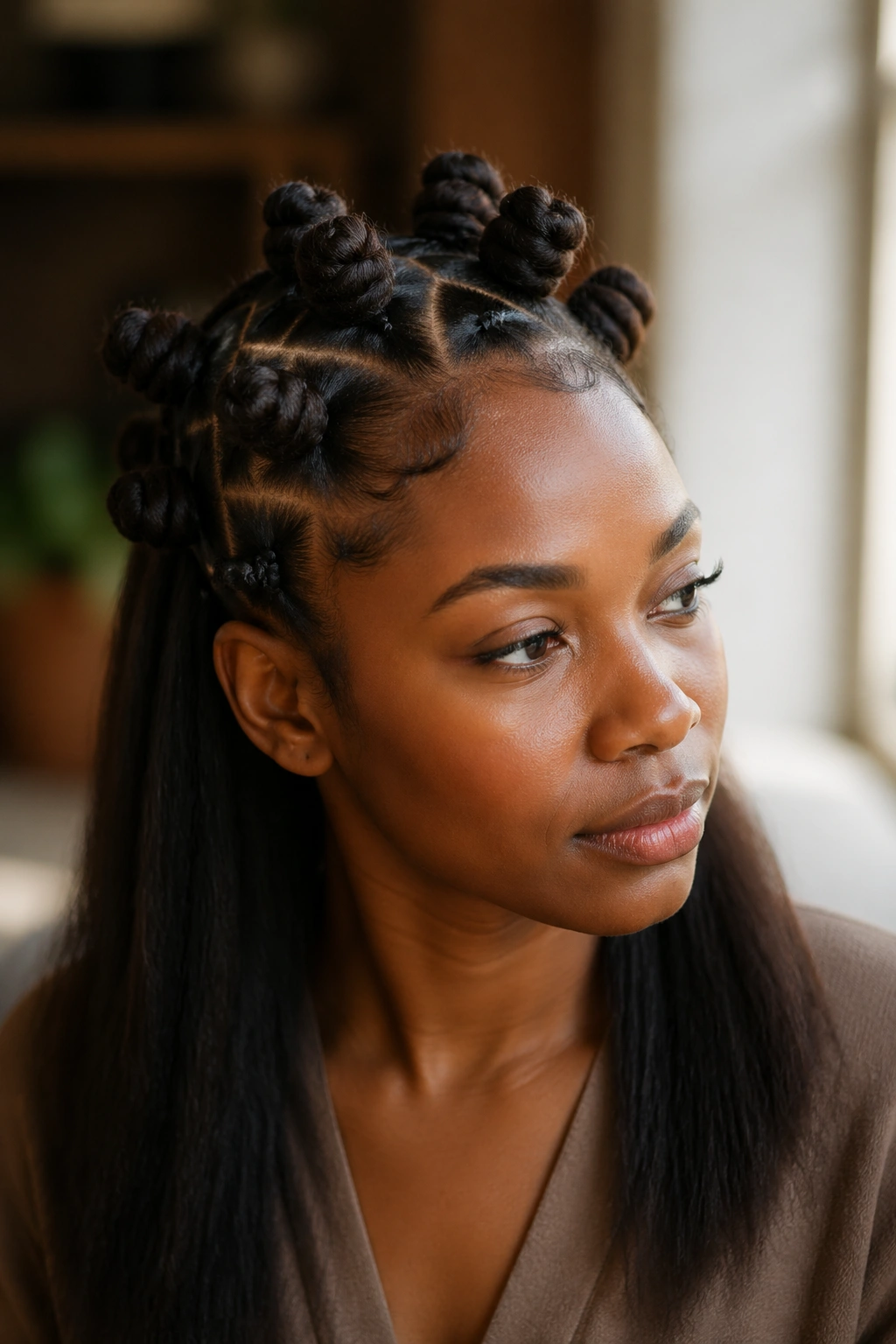 Close-up of a real woman with traditional Bantu knots showcasing cultural hairstyle