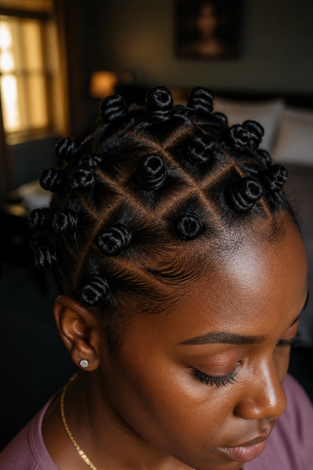 Close-up of a real woman with Bantu knots arranged across the scalp