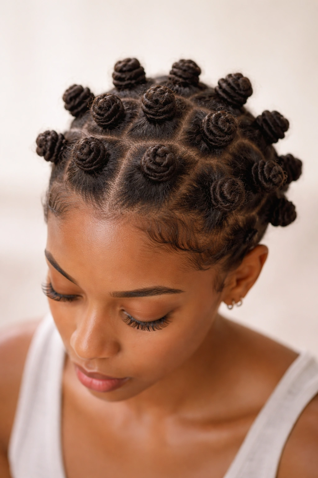 Close-up of small bantu knots on short to medium curls