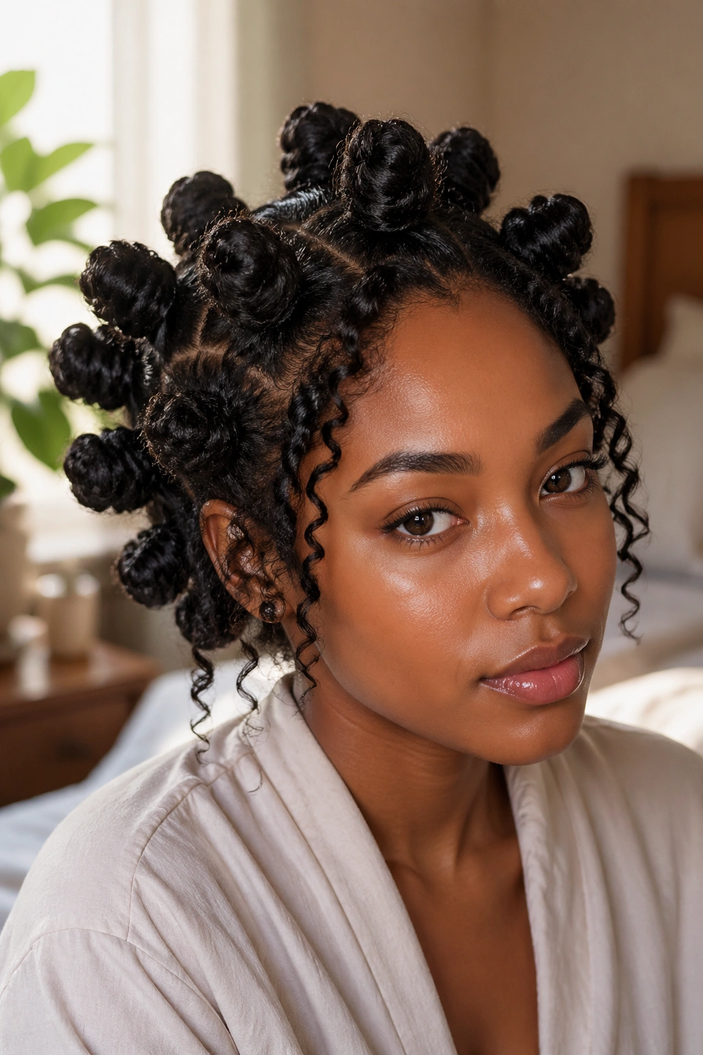 Real woman with medium Bantu knots on freshly defined curls in a bedroom.
