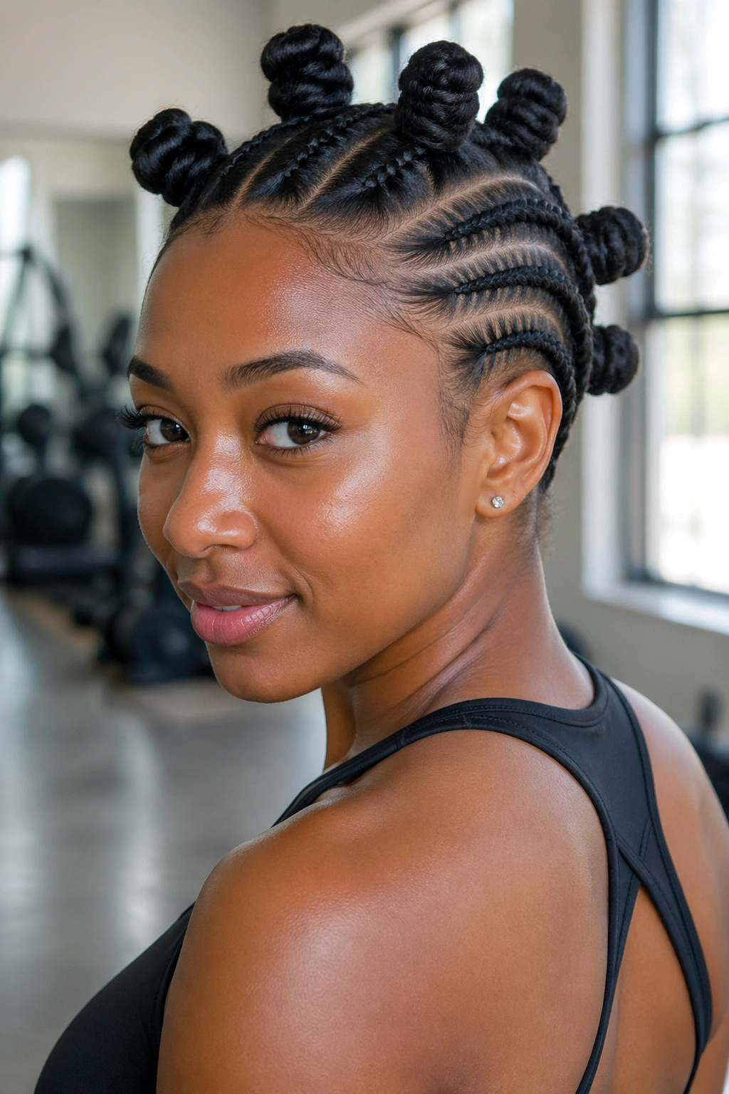Portrait of a real woman wearing medium Bantu knots with flat twist sides in a gym setting.