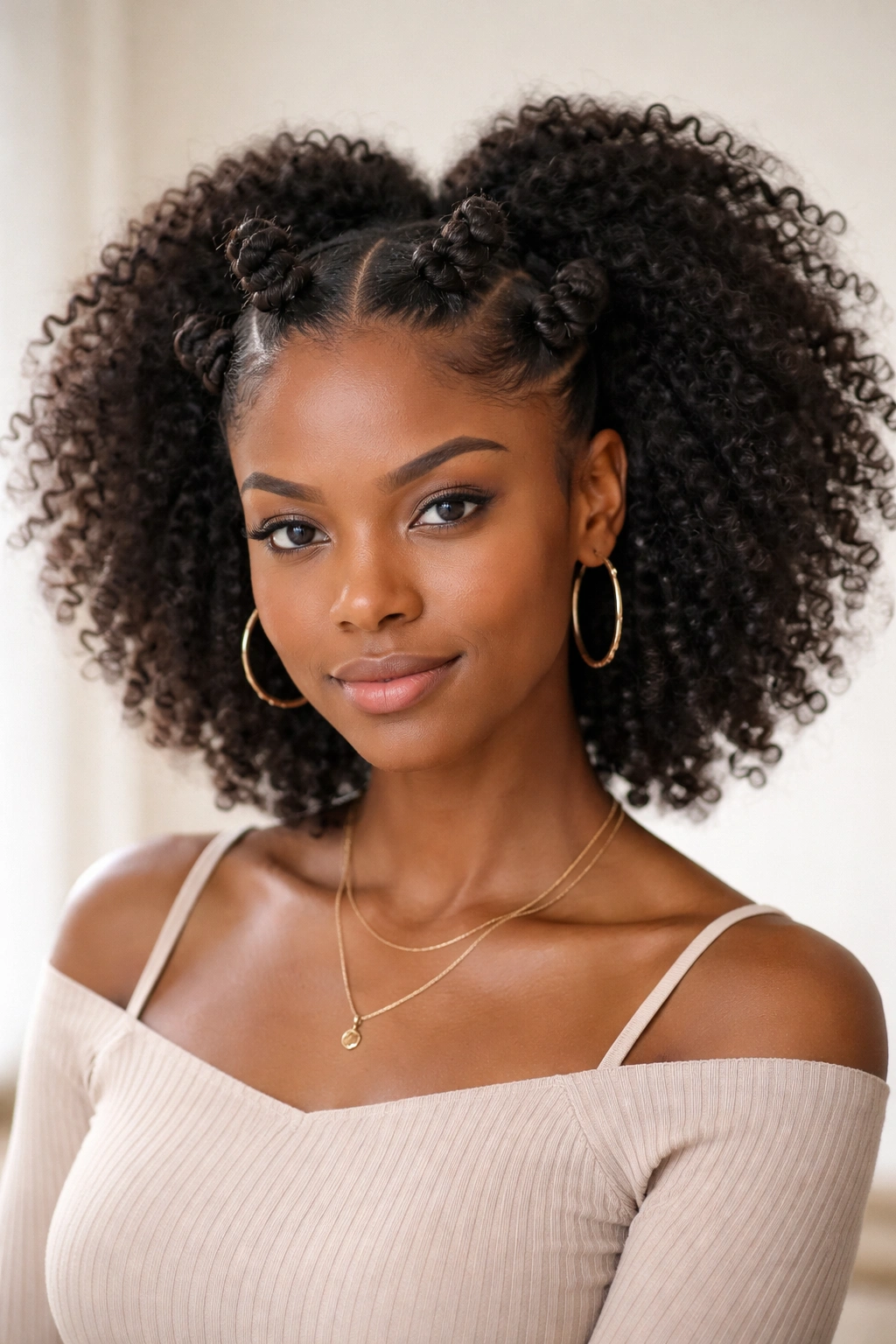 Face-framing Bantu knots at the hairline with voluminous back
