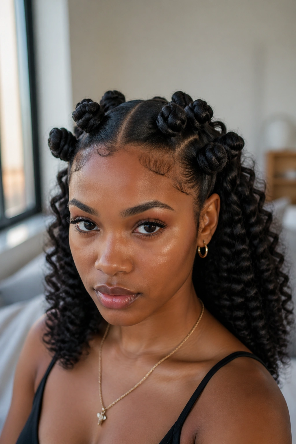 Close-up portrait of a real woman with a center-part Bantu knots and glossy back curls