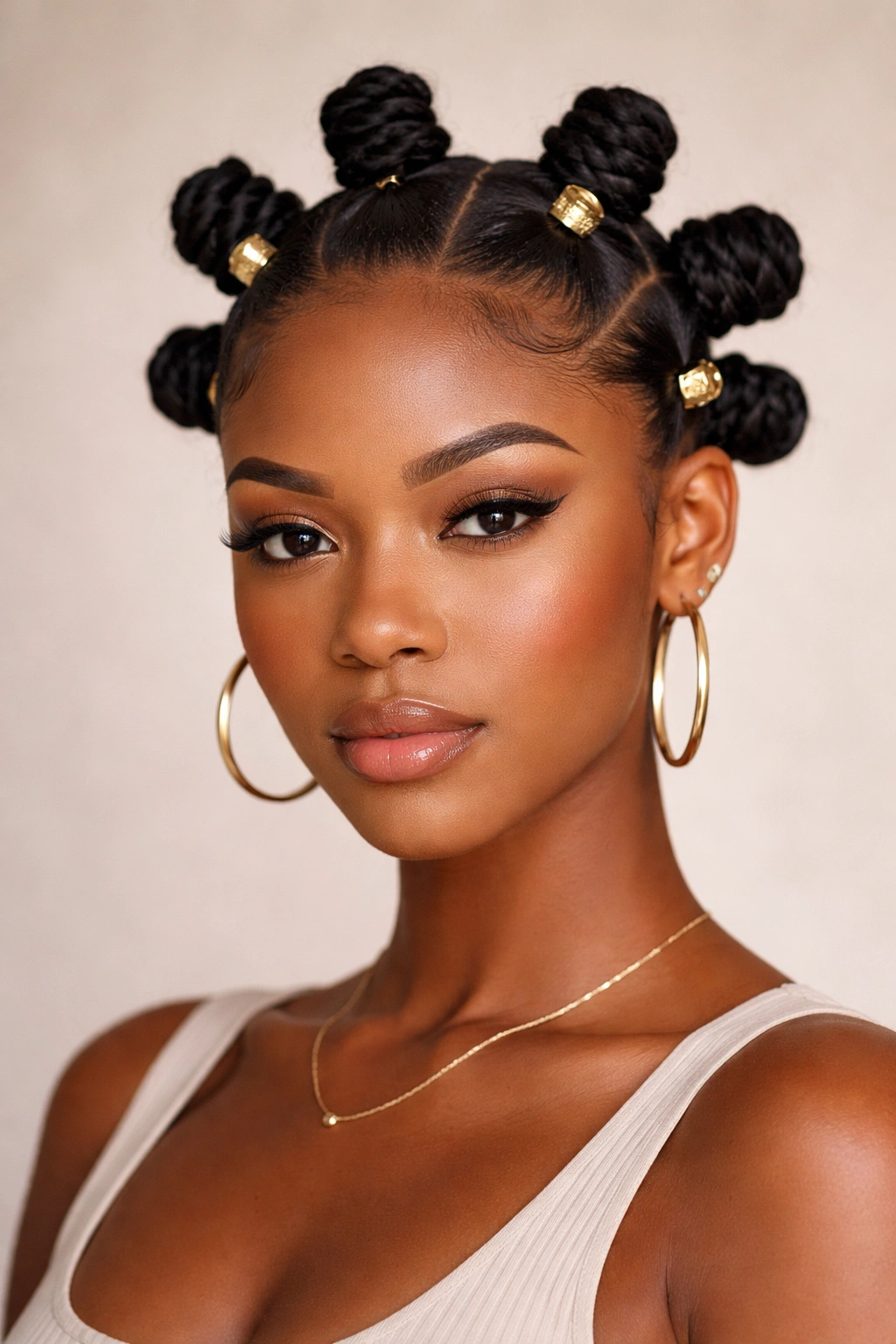Close-up of Bantu Knots with gold cuffs on select knots