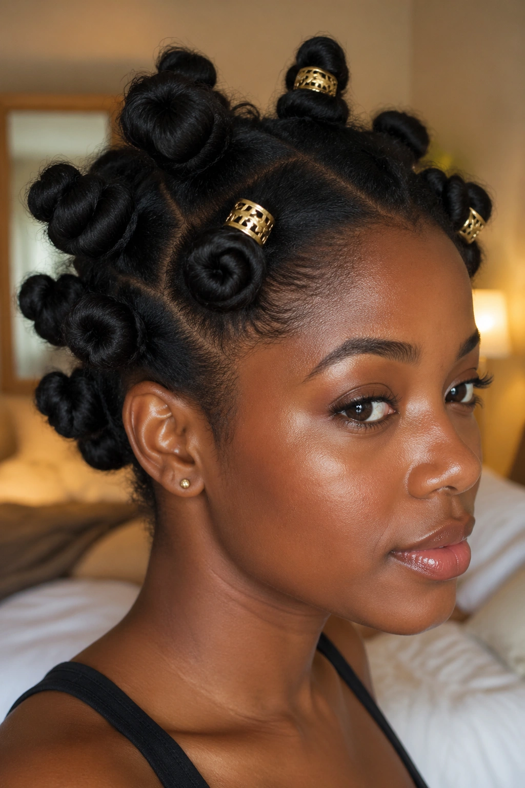 Close-up of a real woman with medium Bantu knots and gold cuffs on two front knots, hair filling the frame