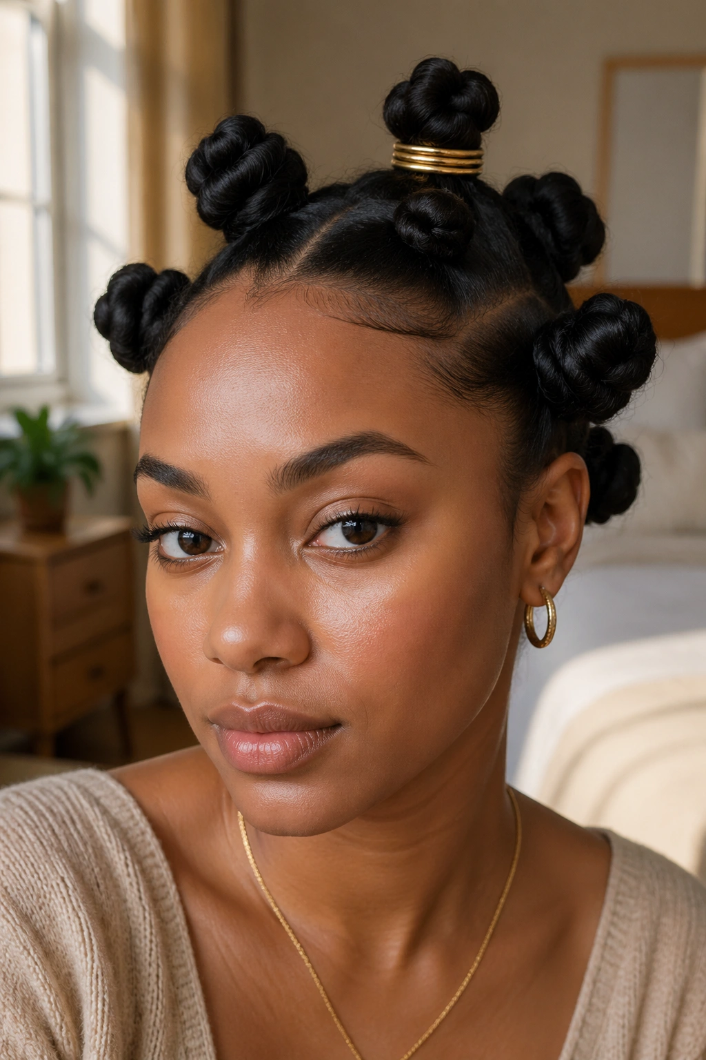 Close-up of a real woman's head with bantu knots featuring a thin gold cuff on the front knot