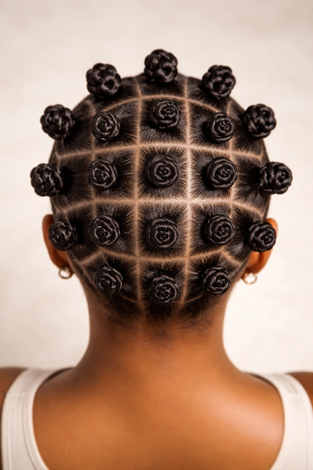 Close-up view of a head with an even grid of classic all-over Bantu knots on natural hair