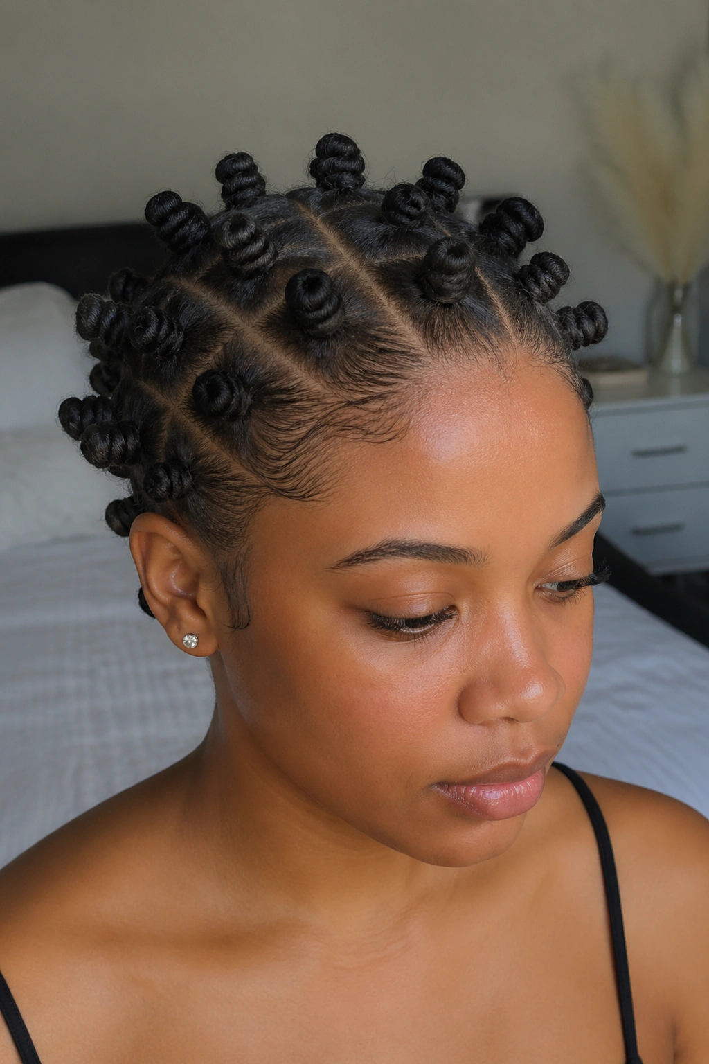 Close-up of a real person with classic middle-part small Bantu knots