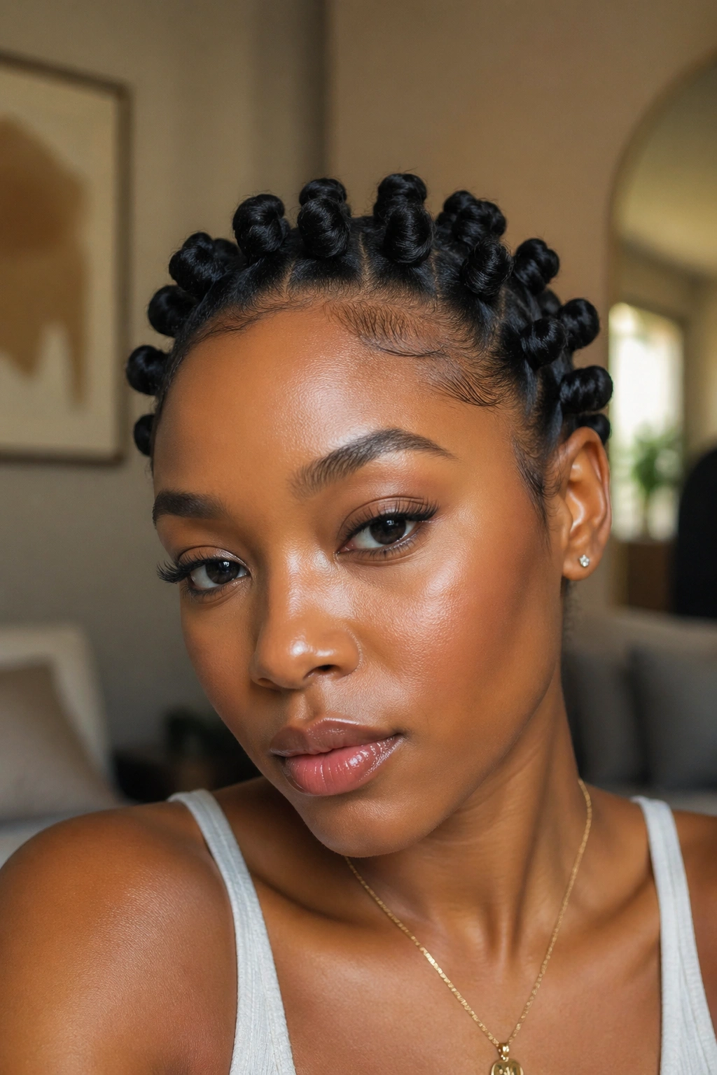 Real person with halo-style Bantu knots around the hairline