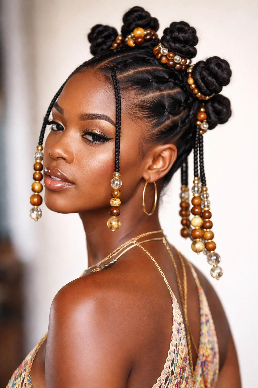 Close-up of high crown bantu knots with a mix of small, medium, and large beads