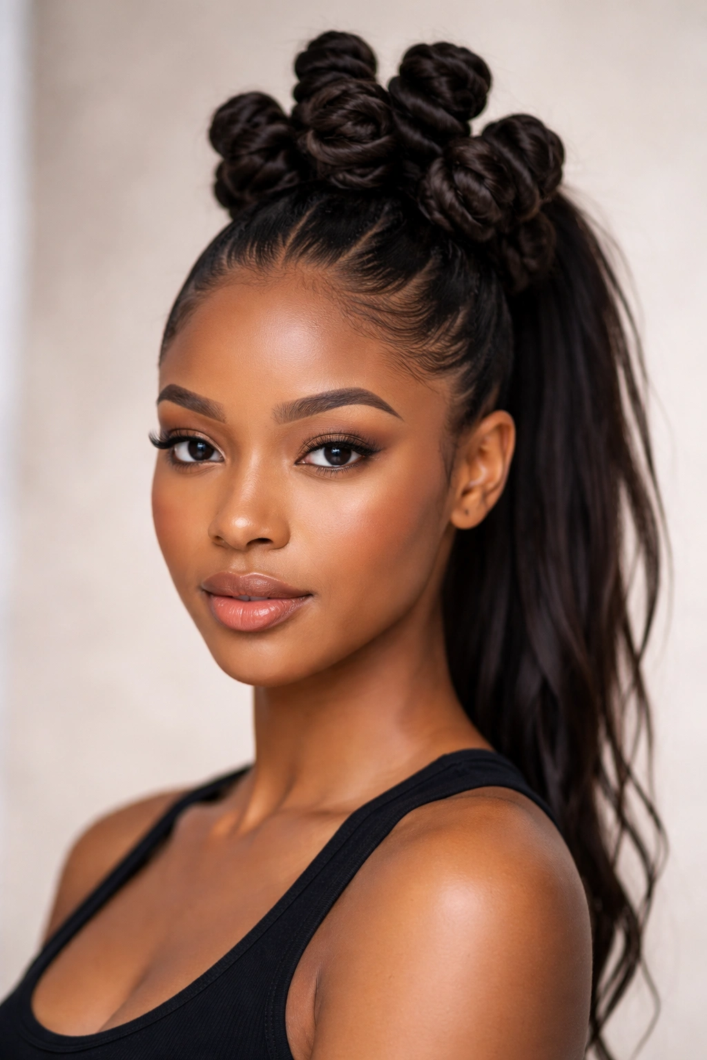High ponytail bantu knot cluster at crown with lift