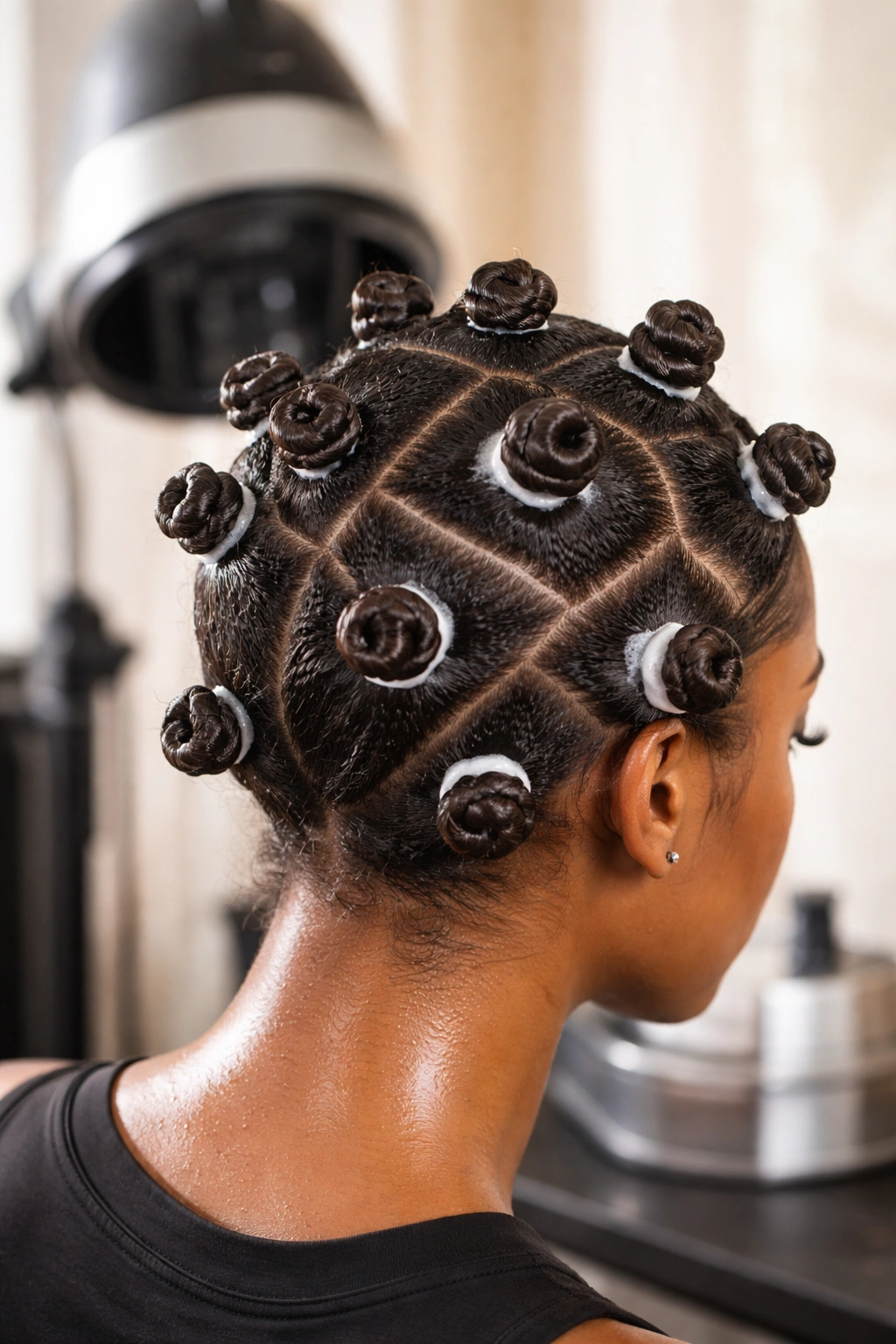 Close-up of neatly sectioned natural hair with uniform Bantu Knot-Out Prep Set knots and defined curls