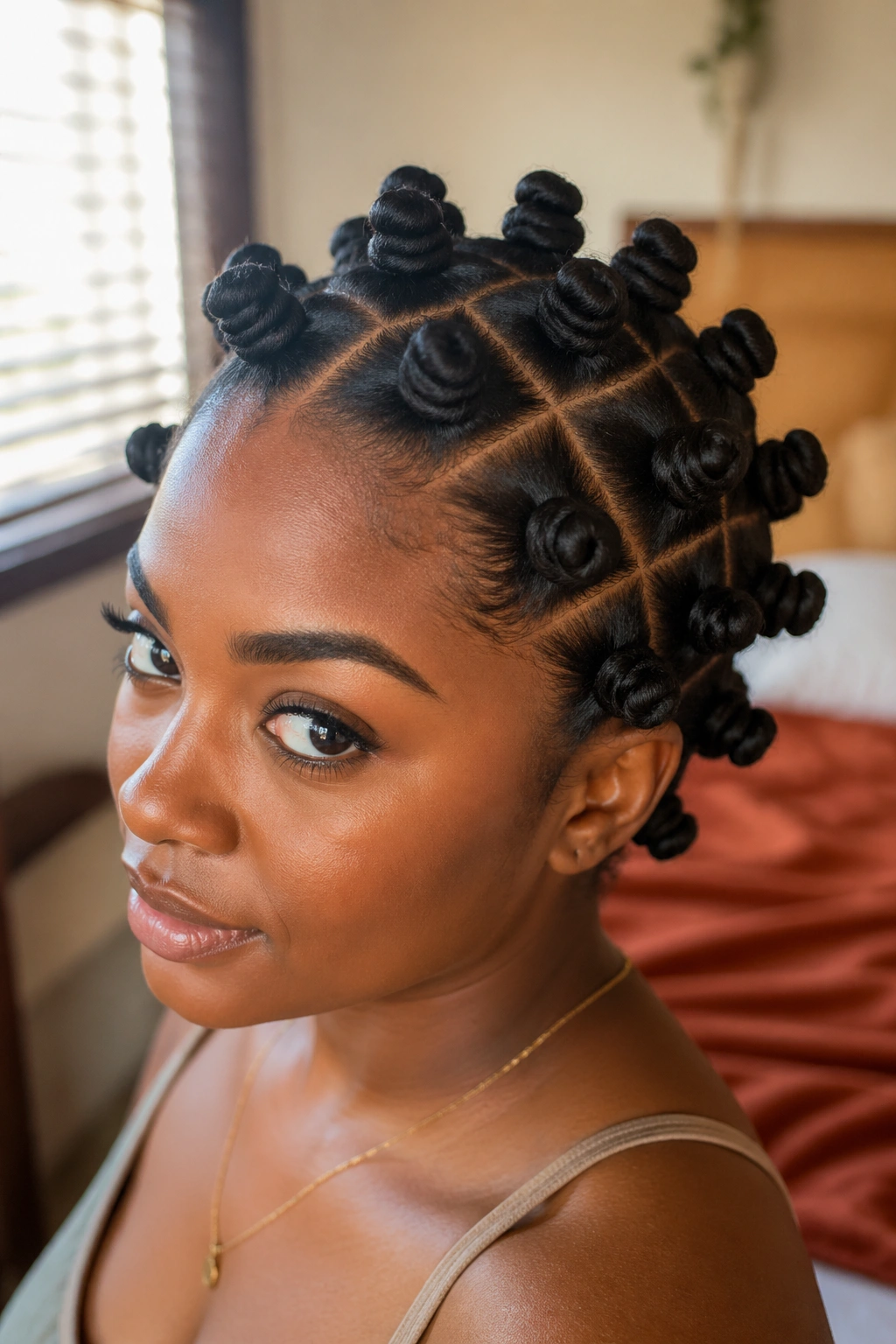 Close-up portrait of a real woman with classic full-head bantu knots across the scalp