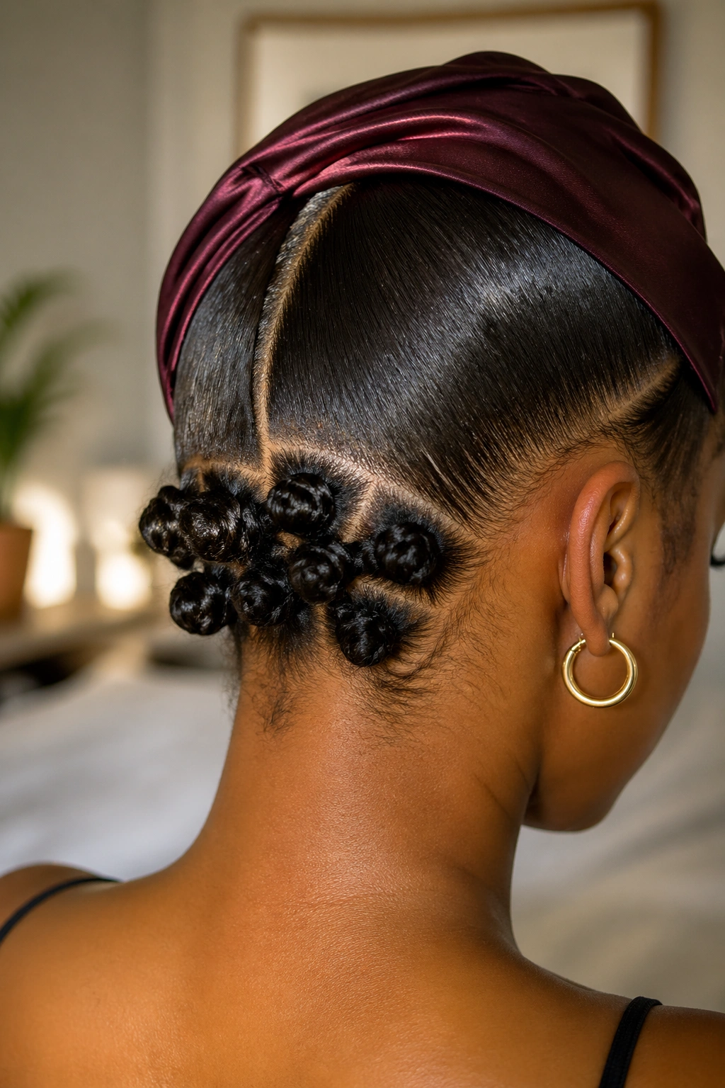 Rear three-quarter view of real person with low-nape Bantu knots