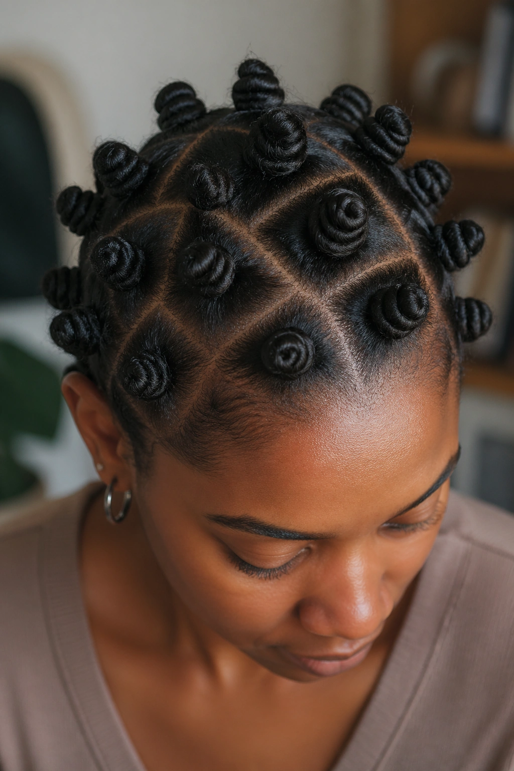 Close-up of a real person with multiple bantu knots on the scalp