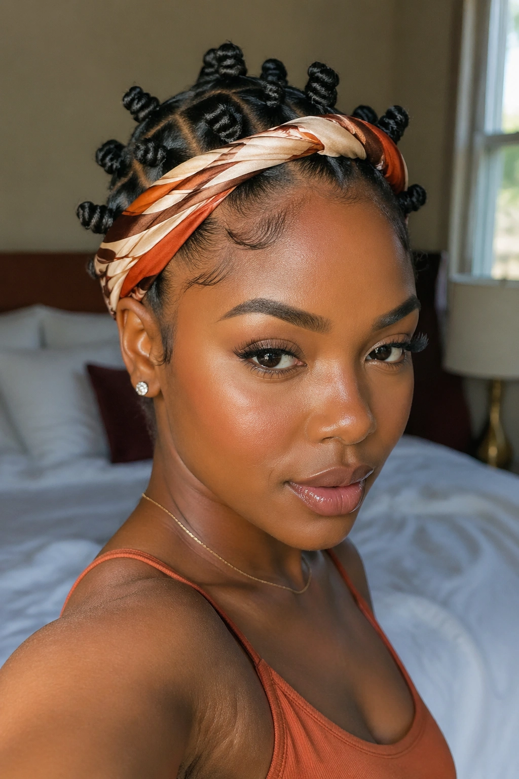 Close-up of a real woman with small Bantu knots and a satin scarf at the hairline