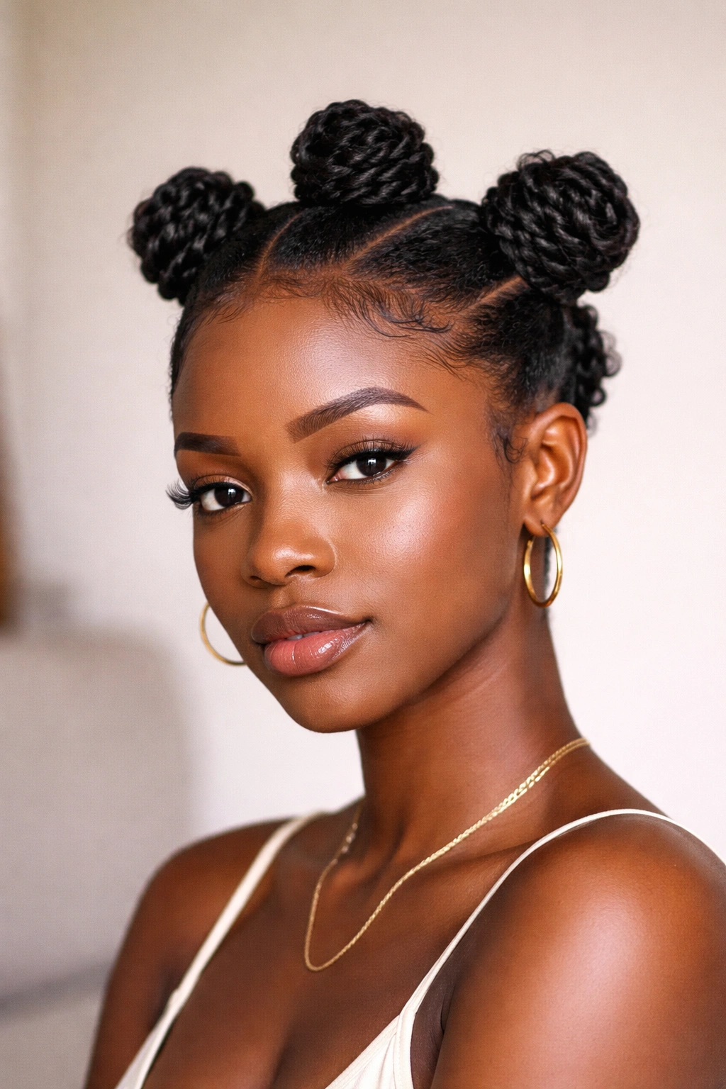 Close-up of four large Bantu knots on crown of short 4C hair with defined coils