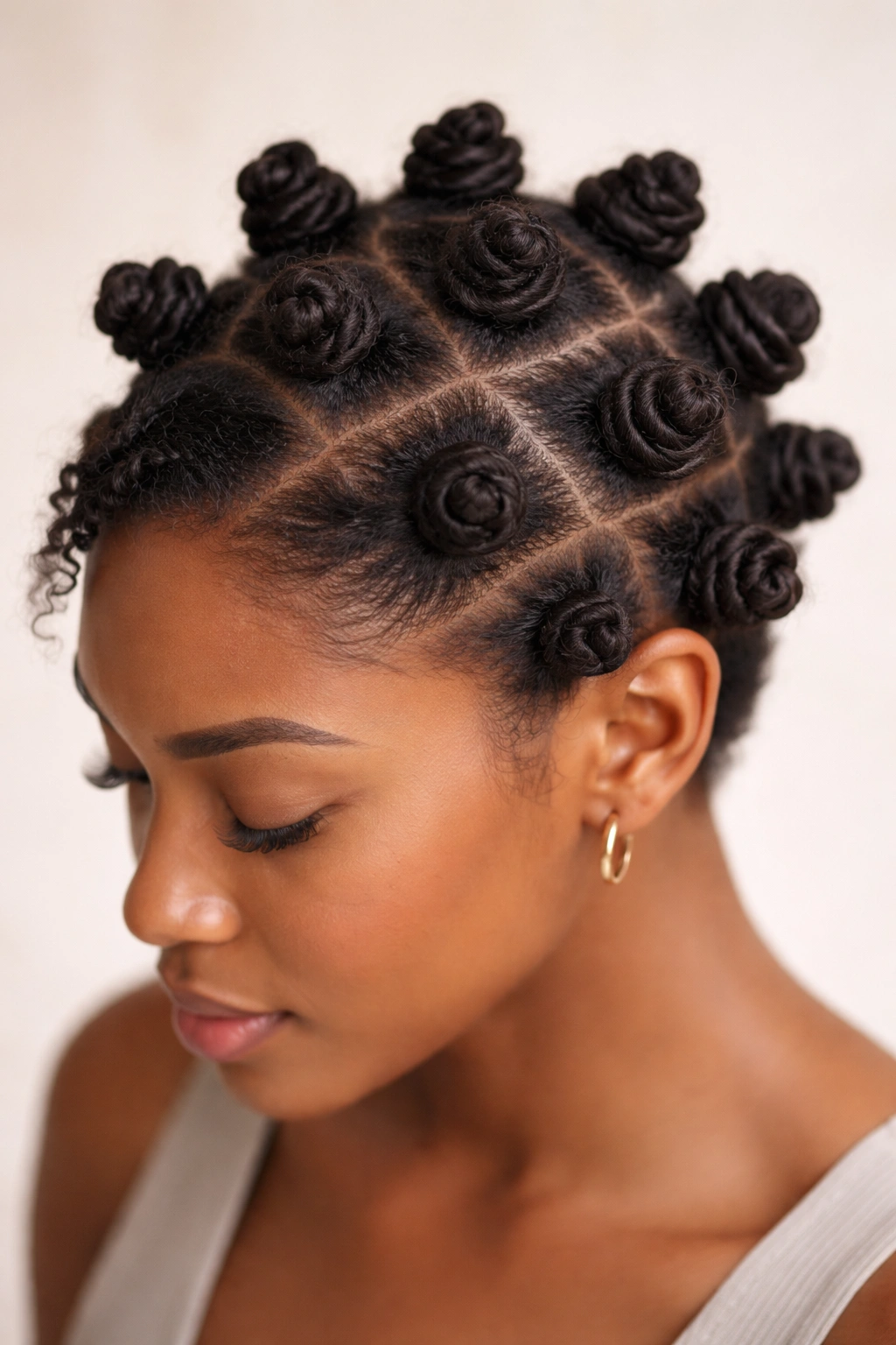 Close-up of short hair with bantu knots ready to unravel into curls