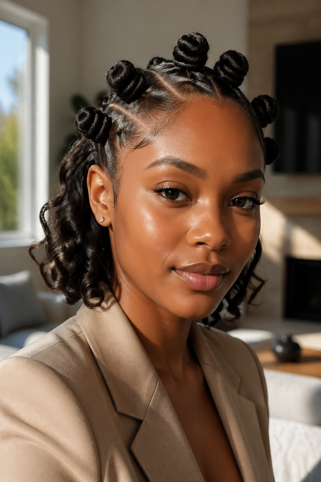 Close-up portrait of a woman with shoulder-length bob Bantu knots and curled nape in a sunlit living room.