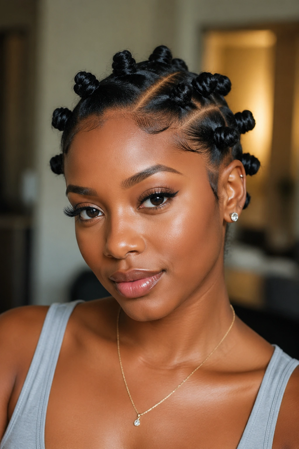 Portrait of real person with deep side-part small Bantu knots framing the face