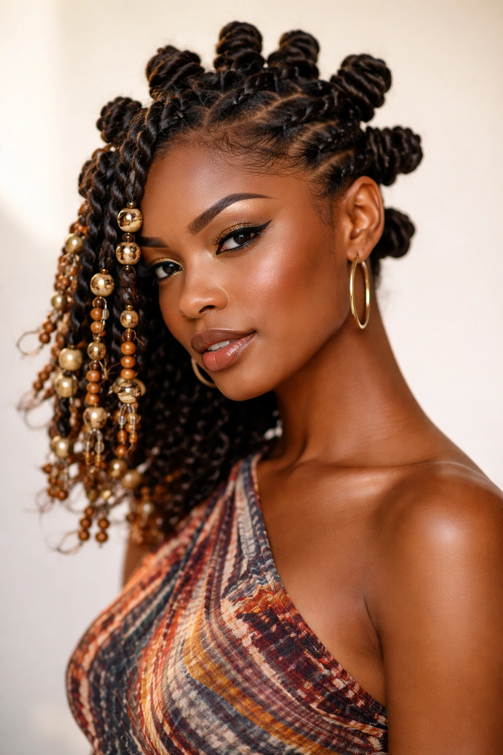 Profile view of side-swept bantu knots with beads on a bob cut