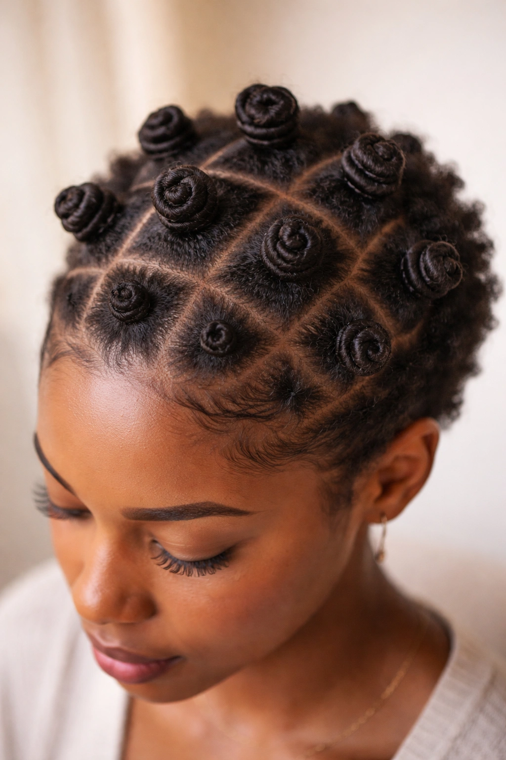 Top-down view of tiny Bantu knots on a small afro