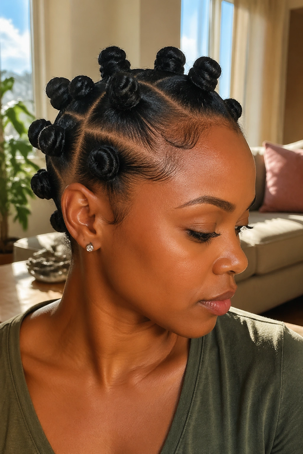 Portrait of a real woman with medium Bantu knots on stretched hair.