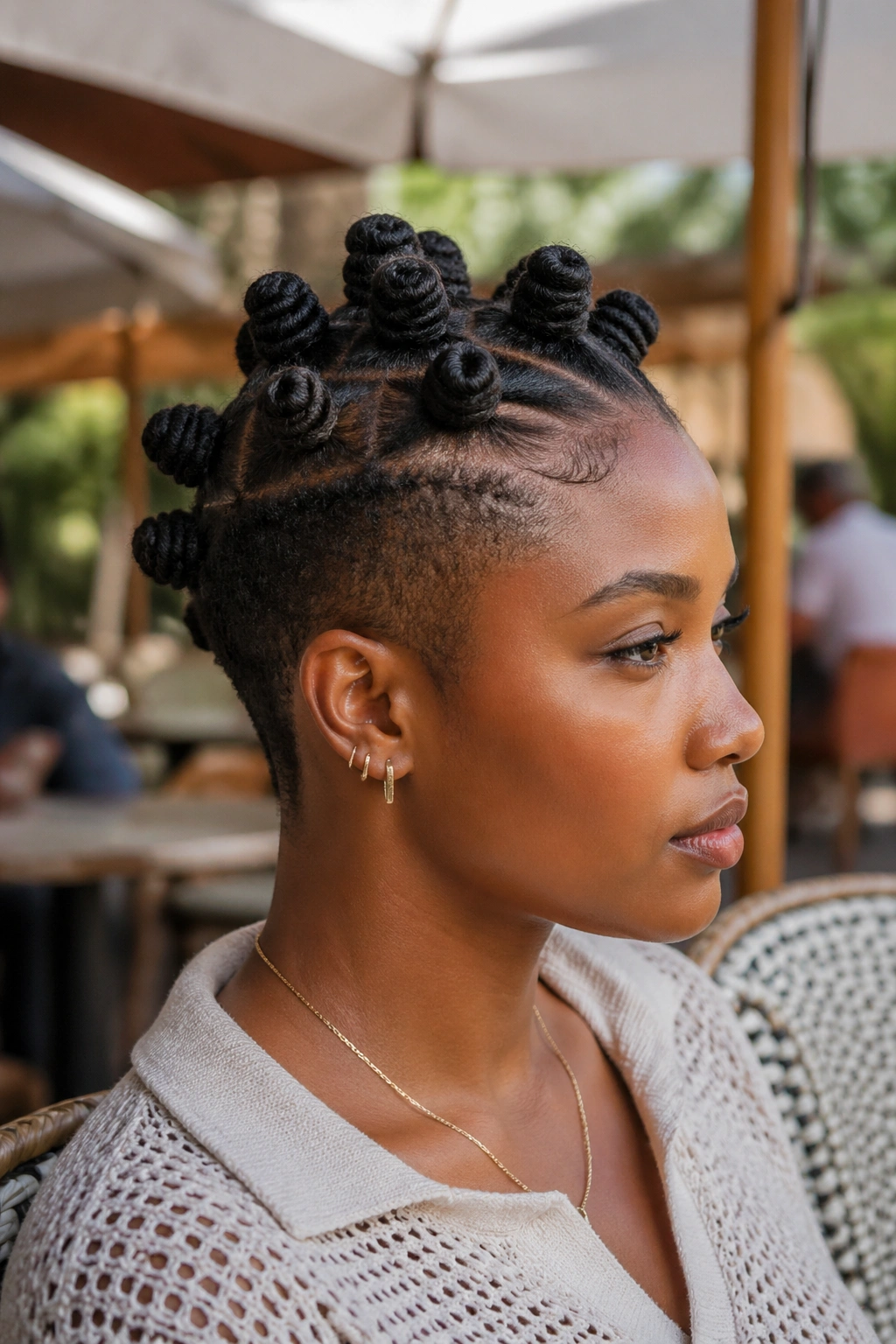 Real woman with tapered cut showing crown-heavy knot placement
