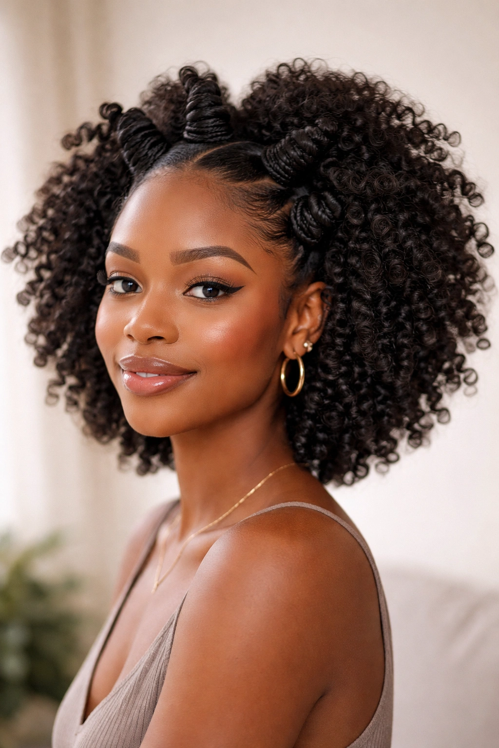 Close-up of Bantu knots with voluminous knot-out curls on 4C hair.