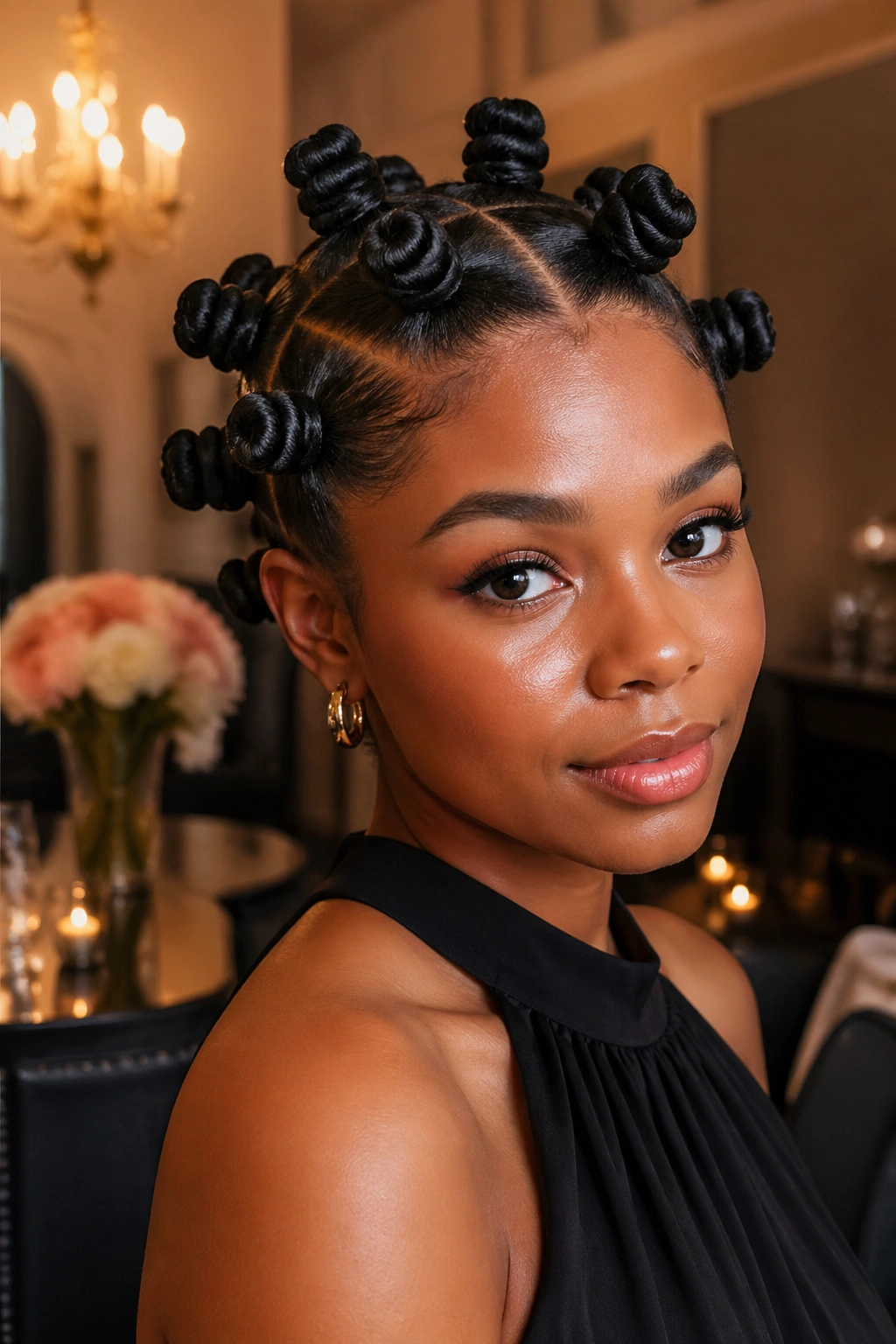 Portrait of a real woman with medium Bantu knots featuring wrapped bases.