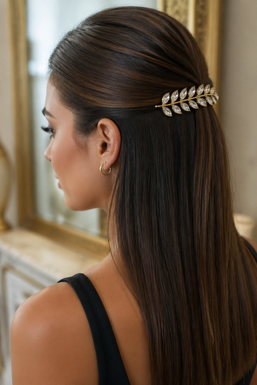 Close-up of a real woman with a sleek half up half down hairstyle and a statement barrette