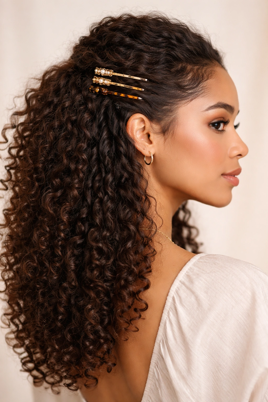 Half-up hairstyle with stacked barrettes on one side against loose curly hair.