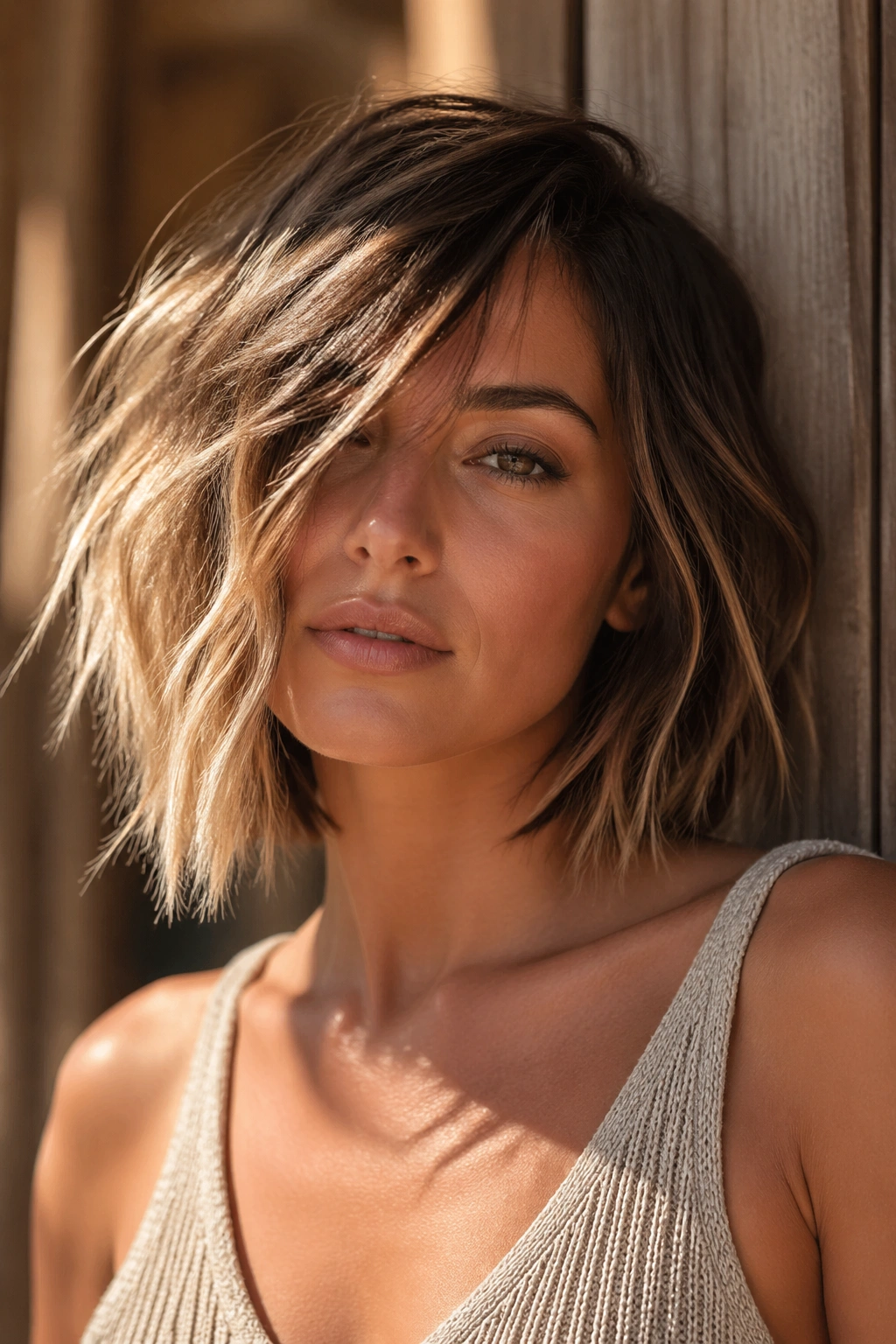 Portrait of a real person with a beachy asymmetrical bob and chopped ends outdoors.