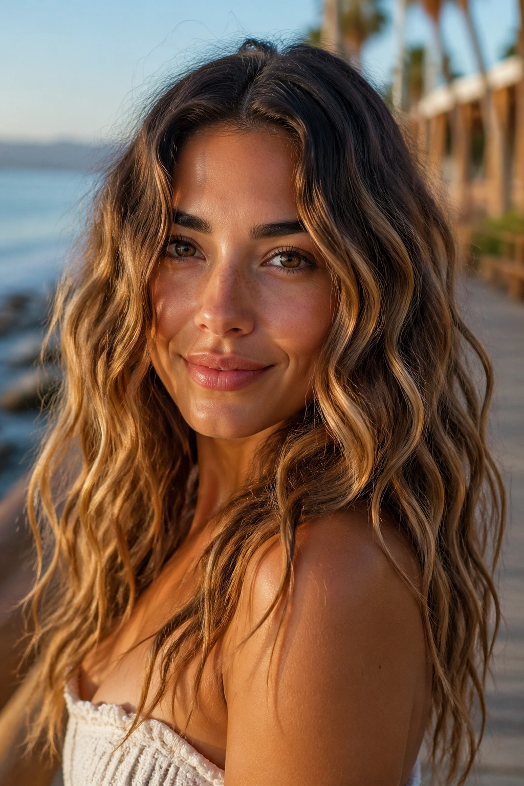 Portrait of a real woman with beachy alternating waves outdoors