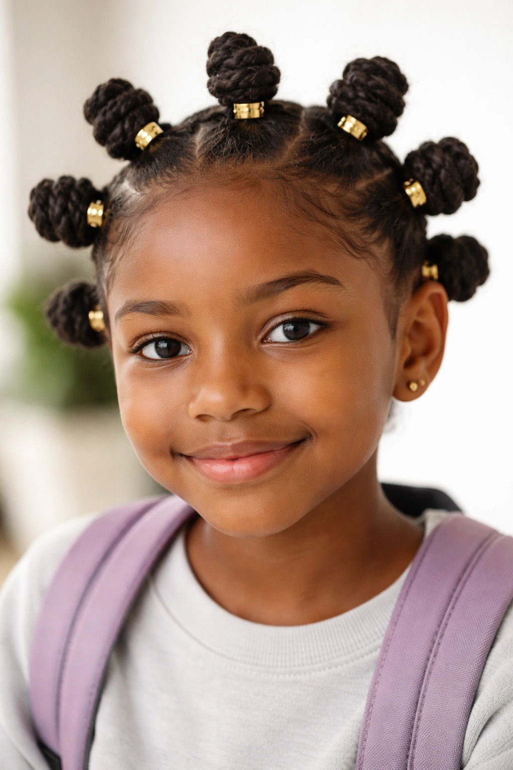 Close-up of Bantu knots with small beads or cuffs at knot bases
