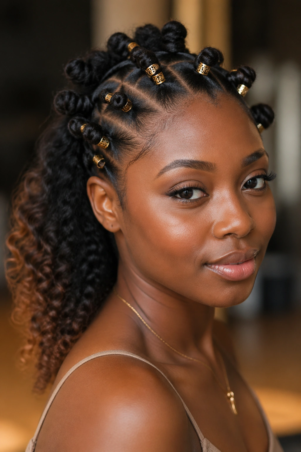 Portrait of a real woman with beaded Bantu knots and tapered back curls.
