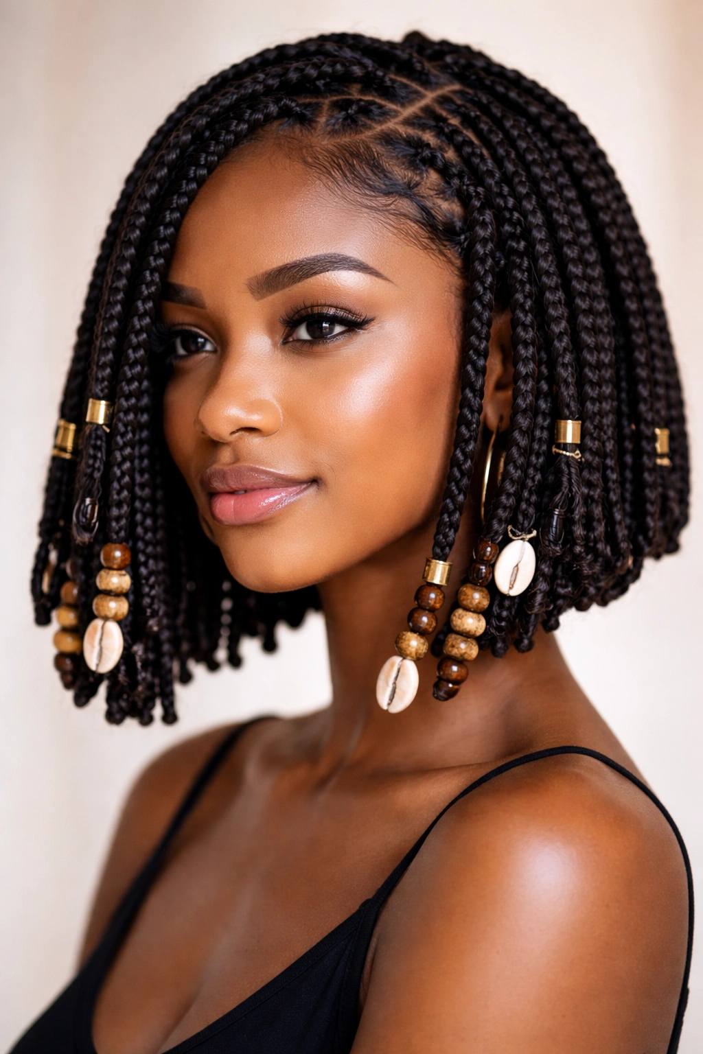 Beaded bob braids with cuffs and shells on selected braids