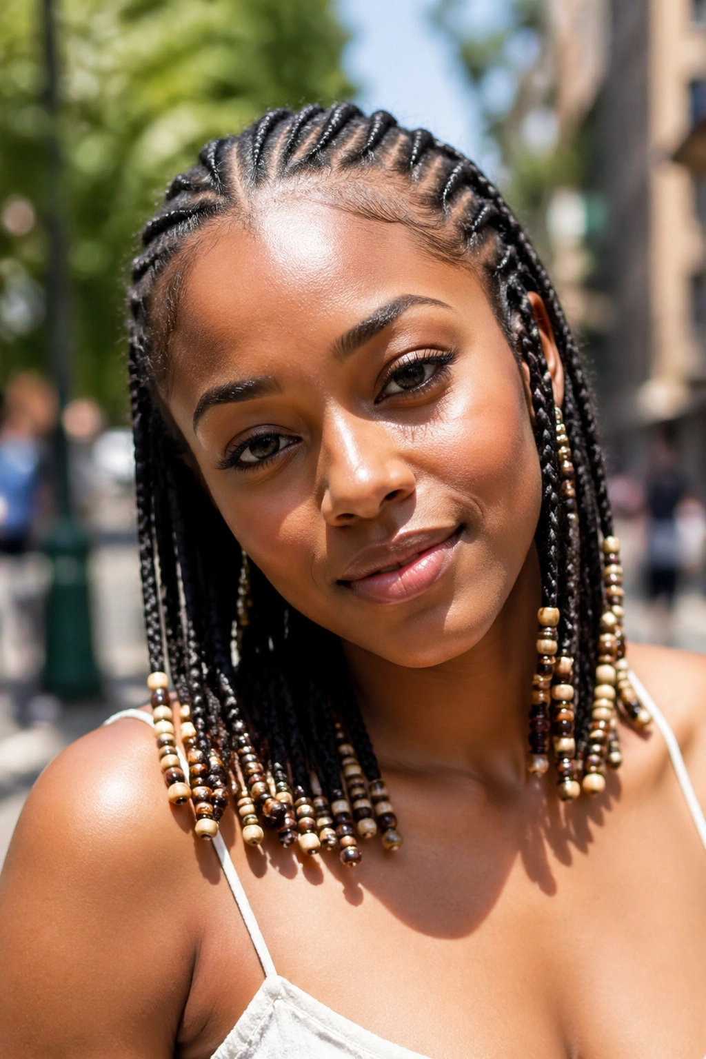 Close-up of a woman with beaded braids