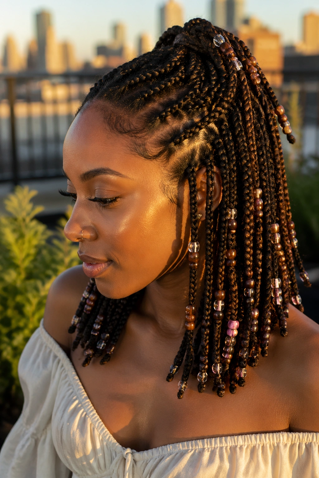 Close-up of a woman with beaded braids in a half-up style