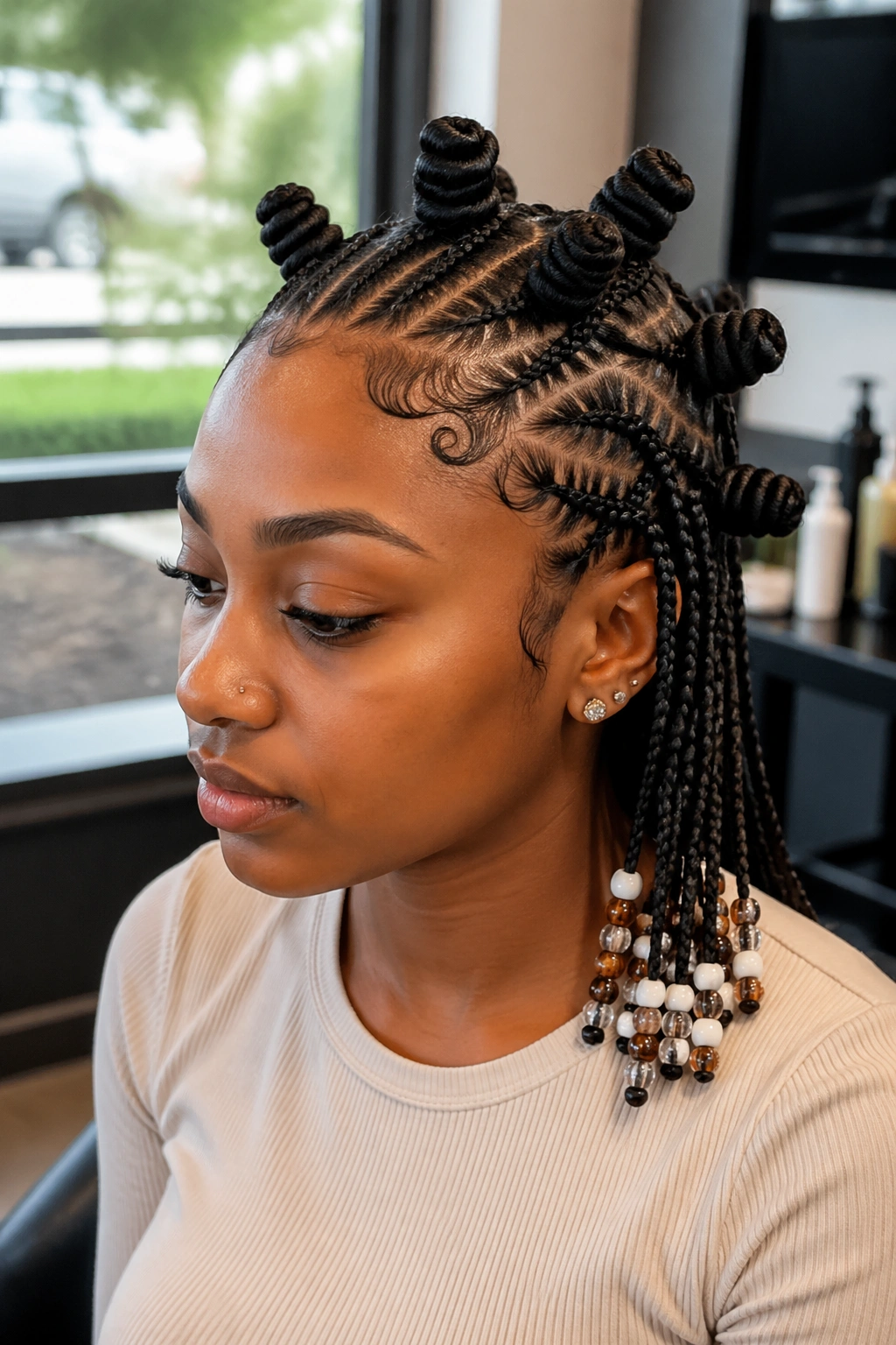 Close-up portrait of a real woman with beaded side braids and neat knots along the crown, beads at braid ends.