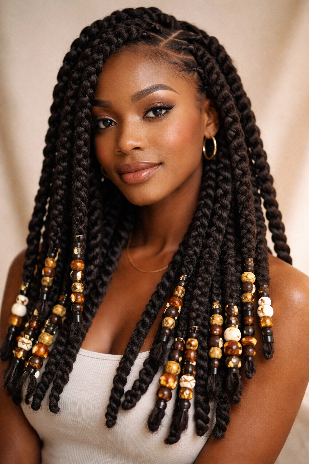 Beaded bulk twists on Afro-textured hair with beads along twists
