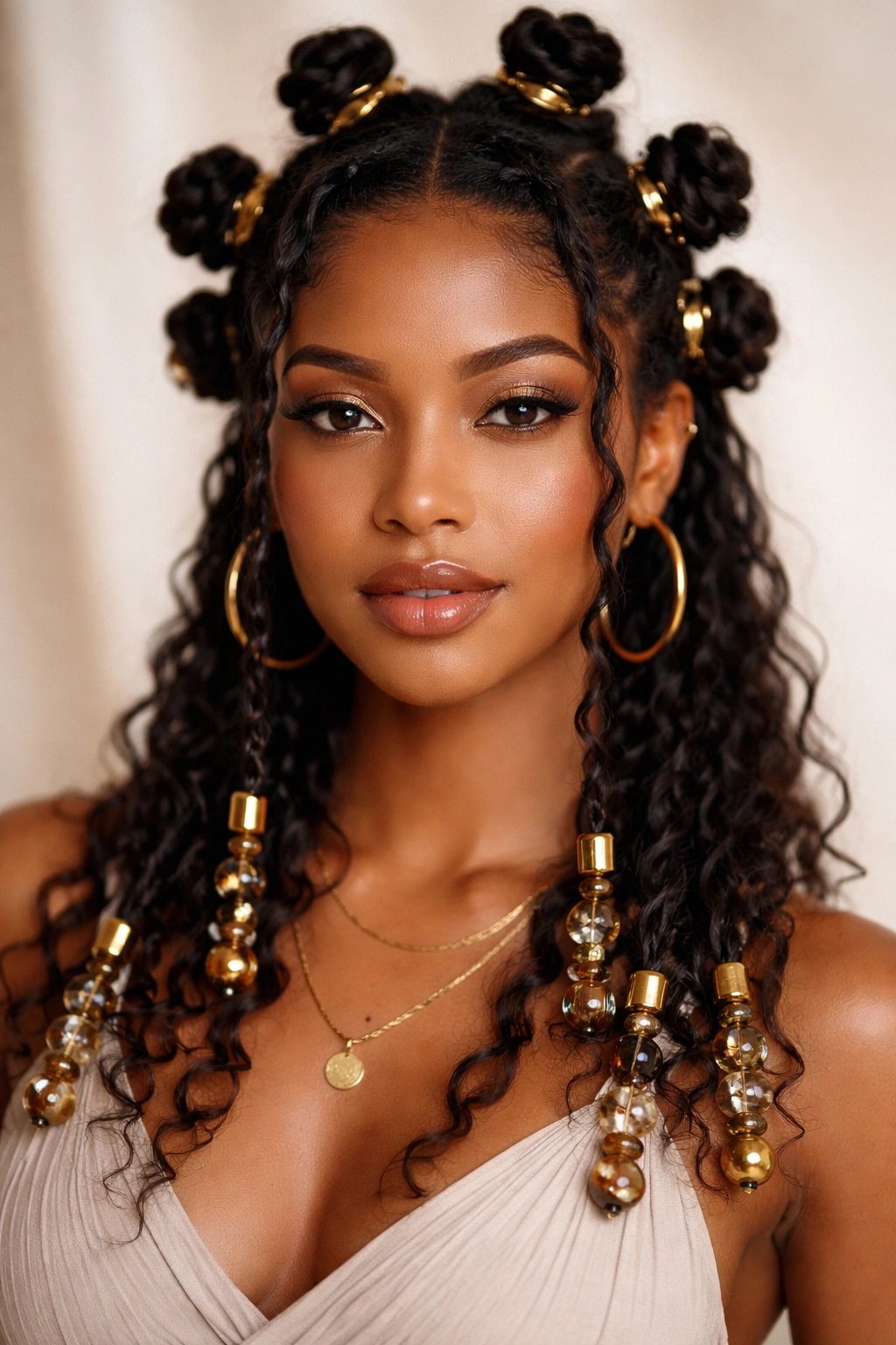 Beaded ends and gold cuffs on bantu knots